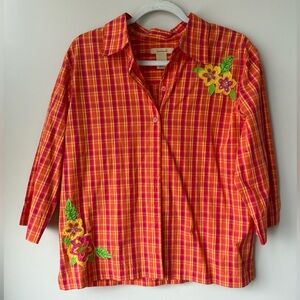 BECHAMEL Orange Plaid Flower Applique Shirt | Size M